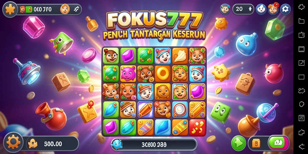 Tampilan gameplay dari FOKUS777 dengan kombinasi warna-warni dalam permainan Match-3.