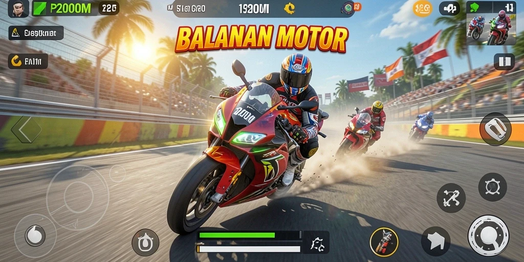 Tampilan gameplay yang mendebarkan di P200M dengan balapan motor yang intens.
