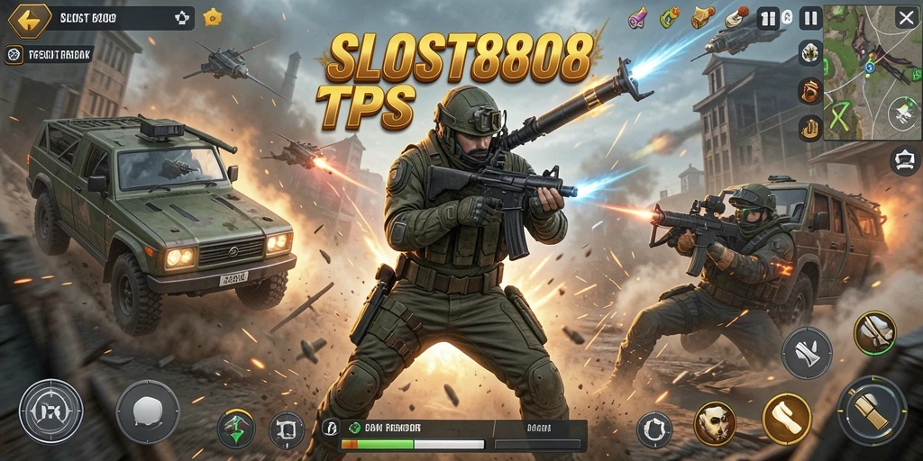 Screenshot SLOST8808 menampilkan aksi pertempuran yang intens.