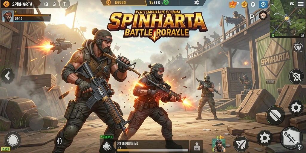 Tangkapan layar SPINHARTA menampilkan pertarungan intens dalam dunia Battle Royale.