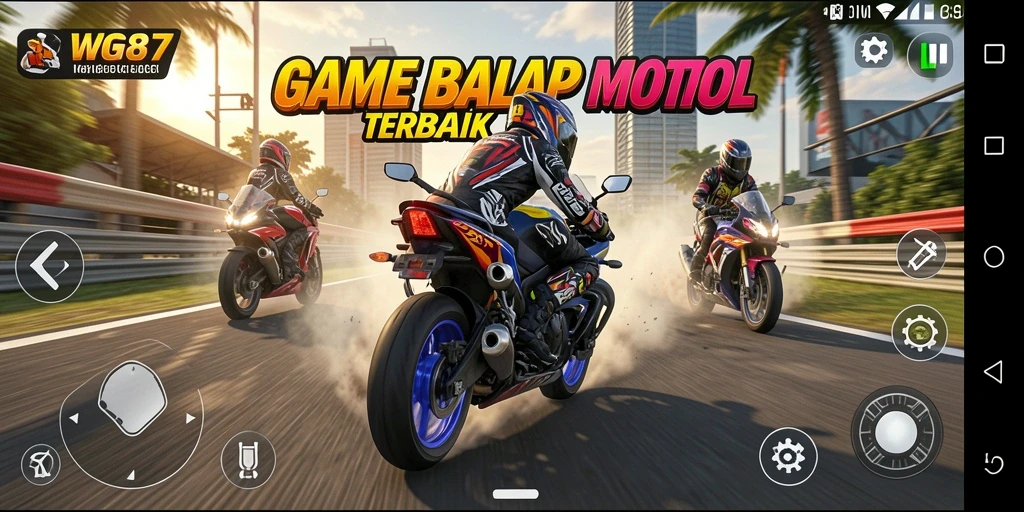 Screenshot utama WG87 menampilkan aksi balap motor yang mendebarkan.